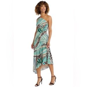 NWT MAGGY LONDON DEIDRE Asymm Floral One Shoulder Ruffle Hem Silky Dress Size 10